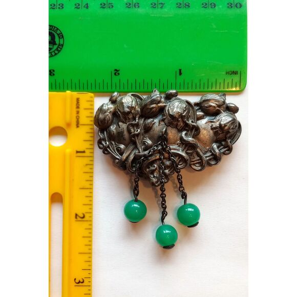 Art nouveau Sash Buckle Cherubs repousse green stone Bead Drops